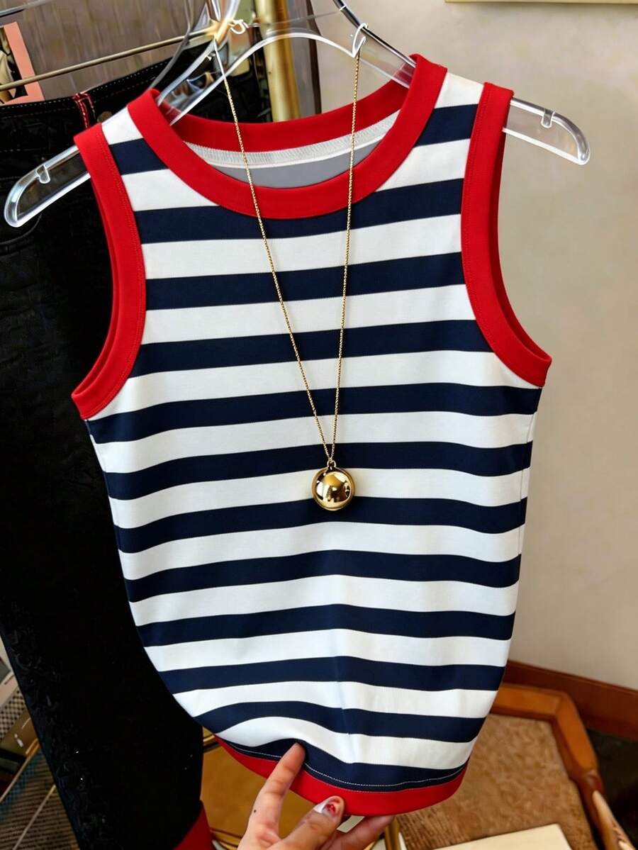 Áo tank top nữ dài vừa phải, co giãn tốt, kẻ sọc, viền đỏ. - Nhiều màu - Xem 1