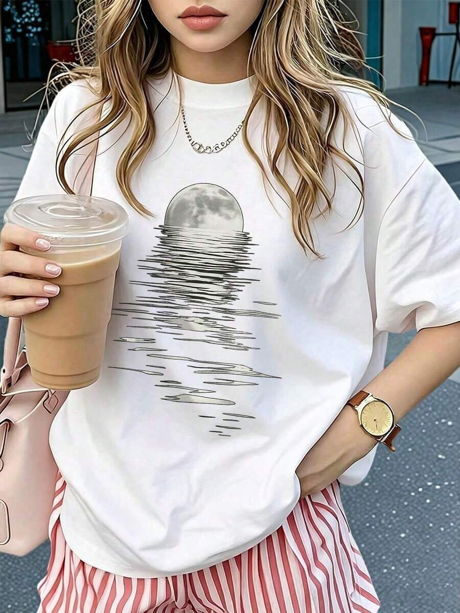 Camiseta de manga corta con cuello redondo y estampado de eslogan, estilo casual de verano para mujer, ropa de moda para el día a día y vacaciones, adecuada para uso diario y vacaciones, blanca, transpirable y cómoda. - Blanco - Ver 1