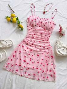 Nuevo vestido mini de verano con estampado floral rosa plisado de punto, para playa, estilo occidental, festival, atuendo de verano, bohemio - Rosa - Ver 4