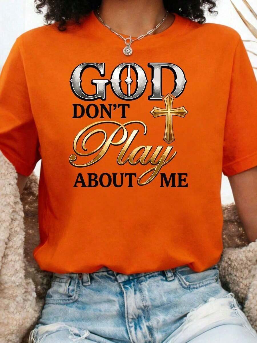 [National Shipping] Camiseta "God Dont Play About Me" para Mujer, Oversize, Casual de Verano, Cuello Redondo, Manga Corta - Diseño Estampado, Camiseta Básica de Manga Corta con Cuello Redondo |     Talla 0-5XL |     Tela suave y transpirable para deporte |     Ropa de Vacaciones tops de mujer camisetas - Estilo - Ver 1