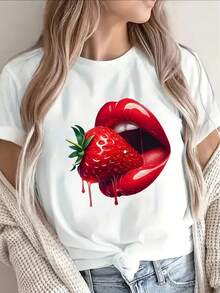 Lightweight And Durable Women's Short-Sleeved T-Shirt With A Strawberry Lips Print, For Casual Outings, Dinners Or Home Wear, Offering A Comfortable Fit And Stylish Design. - 白色 - 查看 6