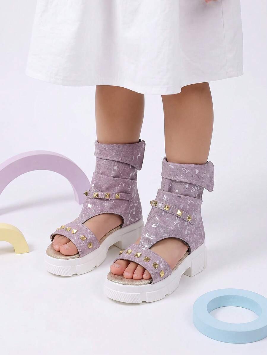 2026 New Style Children's Fashion Open-Toe Summer Boots Kids' Princess Style Glitter Purple Rivet Chunky Heel Sandals, Back Zipper Mid-Calf Boots - Lilac Purple - View 1
