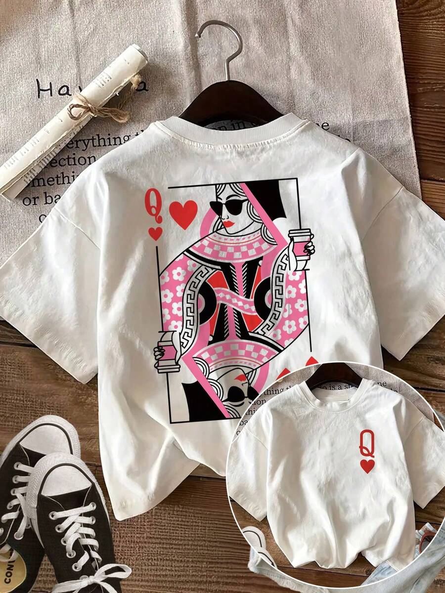 Camiseta de Verano de Alta Gama para Mujer, Estampada, Estilo y2k, Personalidad, Moda, Algodón Puro, Camiseta Holgada de Manga Corta, Top Elegante, Estilo Urbano Americano, Cómoda, Cuello Redondo, Casual Diario, Transpirable, Estilo Dulce y Fresco, Estilo Vintage, Estampado Creativo de Corazón de Póker, Atuendo de Verano, Regalo para Deportes al Aire Libre - Blanco - Ver 1