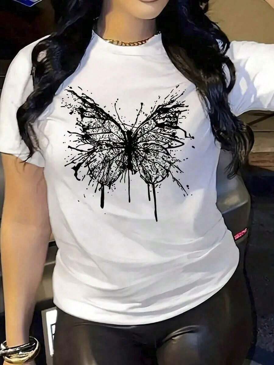 Under The RadarCamiseta estampada con diseño de mariposa negra 100% pura, cuello redondo cómodo para primavera y verano, manga corta, camiseta casual transpirable para mujer, regalo de vacaciones. Camiseta unisex de algodón holgada de manga corta y cuello redondo estilo vintage urbano - Blanco - Ver 1