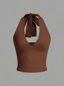 Top de tirantes de cuello halter sin espalda con cuello en V de color liso, uso casual diario - Marrón - Ver 1