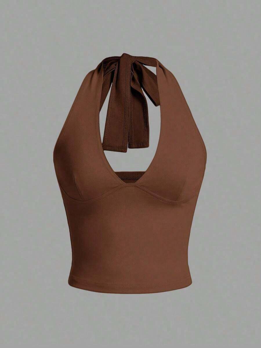 Top de tirantes de cuello halter sin espalda con cuello en V de color liso, uso casual diario - Marrón - Ver 1