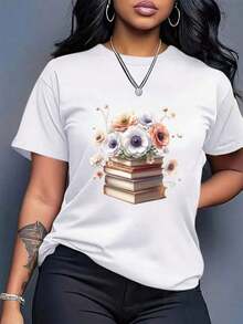 Soft 100% Cotton T-Shirt, Casual, Fashionable, Plus Size For Women, Loose Bohemian Print - Black And White Artistic Pattern, Round Neck, Short Sleeve, Breathable And Soft Fabric, Suitable For Both Casual And Formal Wear, A Gift For Book Lovers, A Must-Have Item For Spring, Machine Washable, Comfortable, Loose, Breathable Cotton T-Shirt, Goes With Everything. - 白色 - 查看 6