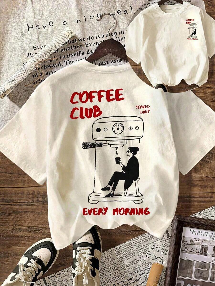 Camiseta con Estampado Coffee Club, Camiseta Casual de Manga Corta y Cuello Redondo para Mujer, para Primavera y Verano - Albaricoque 3 - Ver 1
