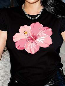 New Arrivals For Summer. Women's Pink Floral Print T-Shirt - Casual Round Neck, Short Sleeves, Stylish And Comfortable, Ideal For All Seasons, For Casual Outfits, Parties And Cosplay, Everyday Wear T-Shirt, Floral Print Blouse, Shirt > Beautiful. - 黑色 - 查看 10