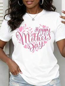 Women's Heart Print T-Shirt For Mother's Day, Round Neck, Casual Everyday Wear - Urban Vintage Style, Unisex, Cotton, Short Sleeve, Round Neck - 白色 - 查看 6