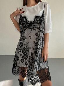 Vestido de mujer con parches de encaje sin mangas 2 en 1 con mangas cortas, vestidos de verano para mujeres - Blanco 2 - Ver 4