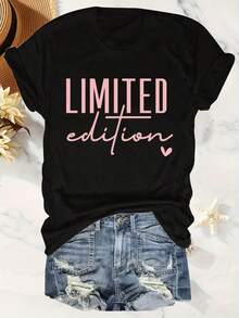 Fashionable Short-Sleeved T-Shirt With Round Neck And "LIMITED" Letter Print - Black - View 8