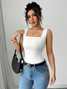 Camiseta sin mangas de verano ajustada de cuello cuadrado de unicolor elegante y casual para mujer - Blanco - Ver 3