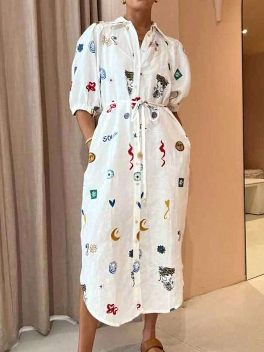 Shirt Dress With Print And Adjustable Belt, Spring 2026 - White - View 1