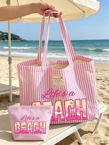 “Life's A Beach”印花 - 复古粉白条纹帆布手提包,女士大容量条纹沙滩托特包,旅行沙滩包兼时尚购物单肩包,可折叠帆布单肩手提包,防水防沙旅行包,夏季必备单品,适合海滩旅行、泳池派对、购物和日常使用,适合女性、旅行者和海滩爱好者,也适合复活节、教师节和假期等场合。 - 彩色 - 查看 2