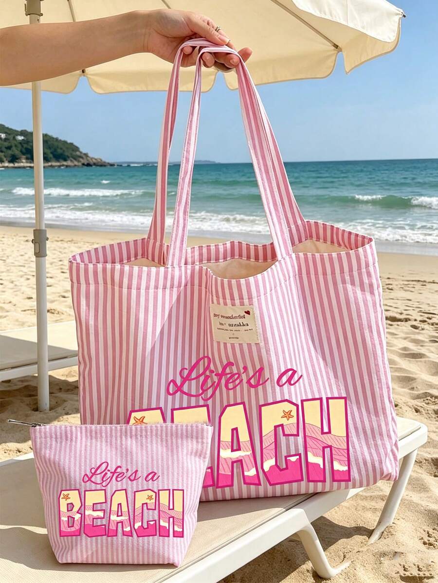“Life's A Beach”印花 - 复古粉白条纹帆布手提包，女士大容量条纹沙滩托特包，旅行沙滩包兼时尚购物单肩包，可折叠帆布单肩手提包，防水防沙旅行包，夏季必备单品，适合海滩旅行、泳池派对、购物和日常使用，适合女性、旅行者和海滩爱好者，也适合复活节、教师节和假期等场合。