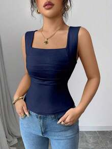 Camiseta sin mangas de verano ajustada de cuello cuadrado de unicolor elegante y casual para mujer - Azul marino - Ver 6