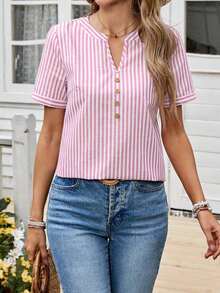 Blusa casual de mujer con escote de ojo de cerradura a rayas - Rosa - Ver 3