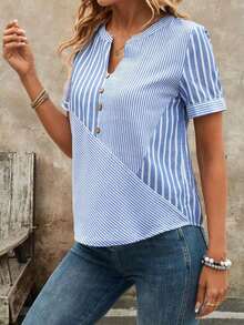 Blusa casual de mujer con escote de ojo de cerradura a rayas - Multicolor - Ver 4