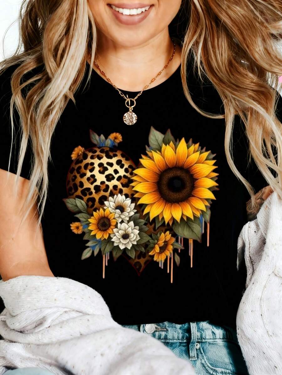 Sunflower Leopard Heart Graphic T-Shirt, 100% Cotton Oversized Soft Breathable Casual Crewneck Short Sleeve Top, Summer Vibes Aesthetic Tee For Women & Nature Lovers - 黑色 - 查看 1