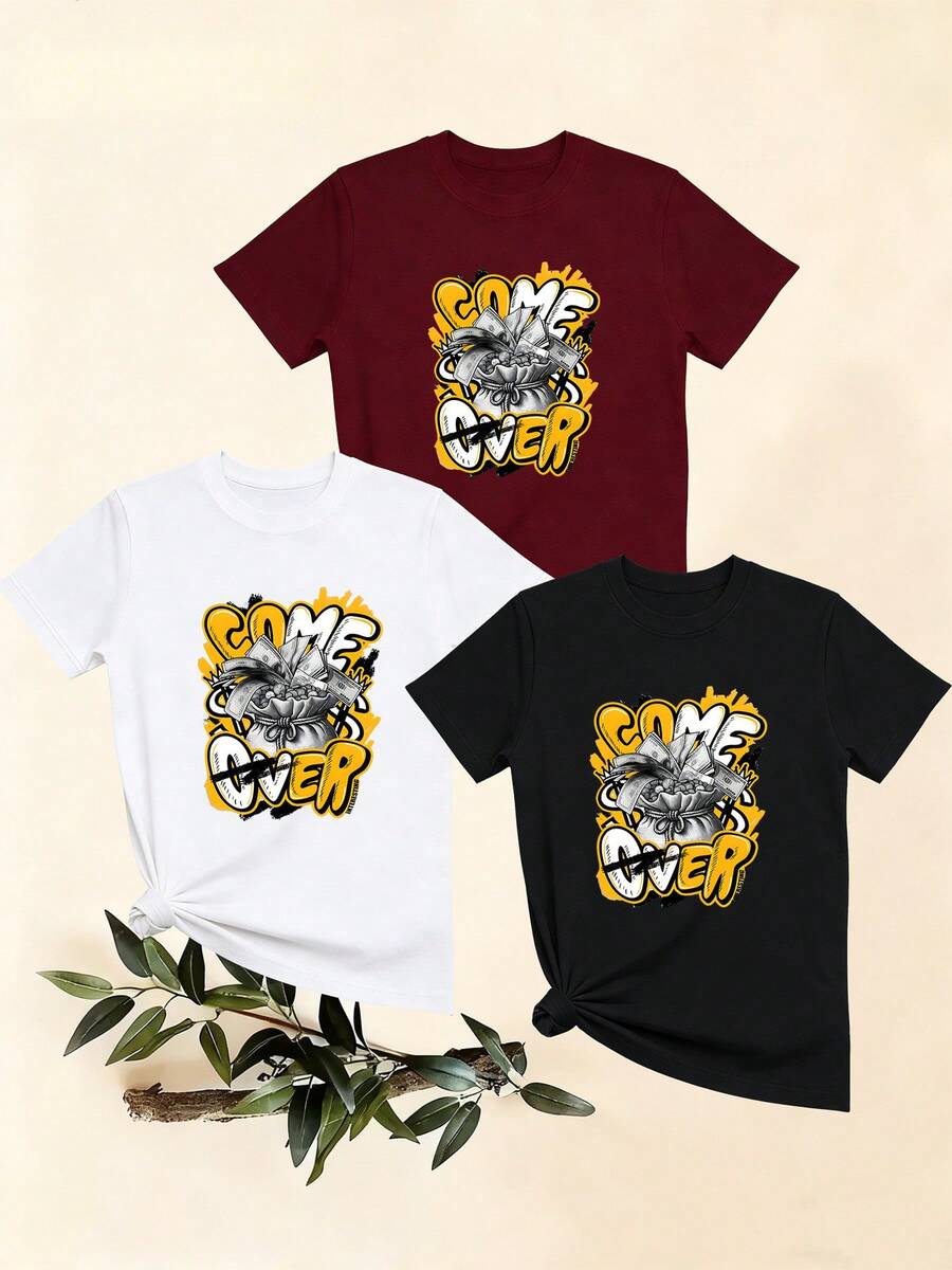 Women's T-Shirts, Women's T-Shirts, One-Piece T-Shirt With Letter Print And Urban Graffiti Style Money Bag, Casual And Comfortable Short-Sleeved Top. - 1件黑色隨機圖案 - 查看 1