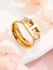 1 Piece French Romantic Luxury Letter H Couple Rings Non Fading Stainless Steel Colored Enamel Ring Men Women Fashion Jewelry - Letter-h - View 3