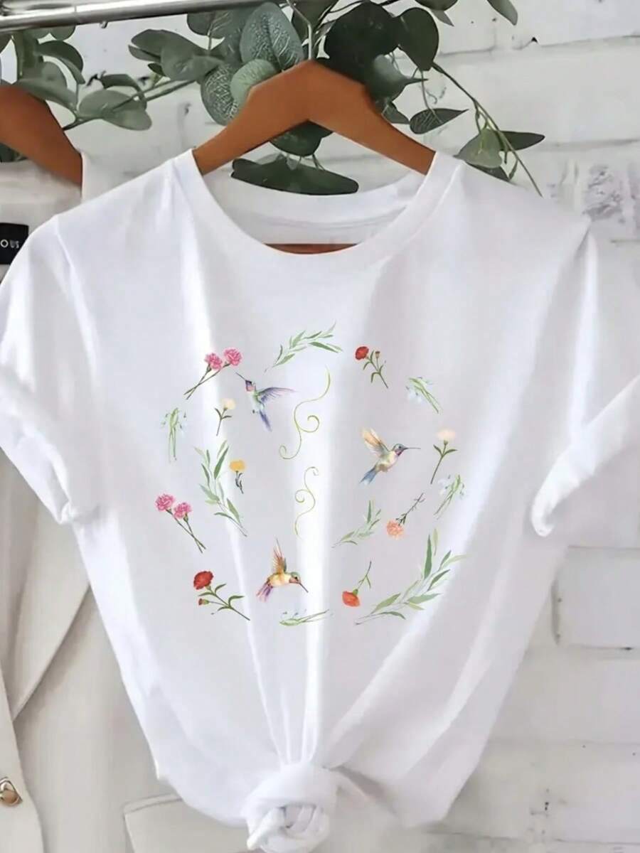 Plus Size, Plus Size Clothing For Women, Plus Size T-Shirt For Women, Casual Short Sleeve Crew Neck Top, Medium Stretch Fabric, Machine Wash, Comfortable Fit For All Seasons, Women's T-Shirt, Unique 2D Flat Print T-Shirt, Comfortable Fit, 2D Flat - 白色 - 查看 1