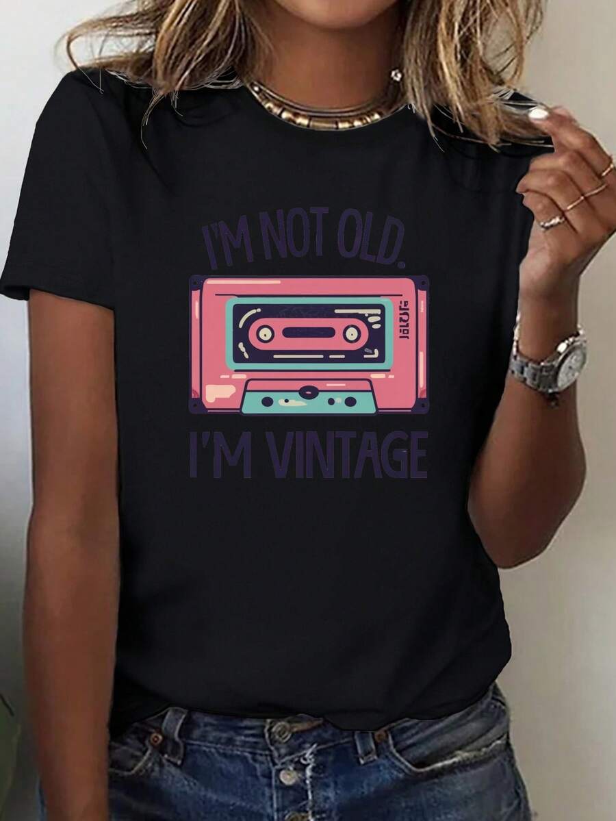 Camiseta de cuello redondo con estampado gráfico vintage, top casual de manga corta para primavera y verano, ropa de mujer - Negro - Ver 1