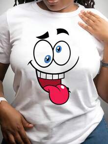 Women's Funny Cartoon T-Shirt - Casual Black Short Sleeve T-Shirt With Vibrant Red Lips And Blue Eyes, Soft Stretch Fabric, Crew Neck, Perfect For Spring/Summer/Autumn, Casual Wear | Playful Design | Soft Fabric Shirt - 白色 - 查看 1