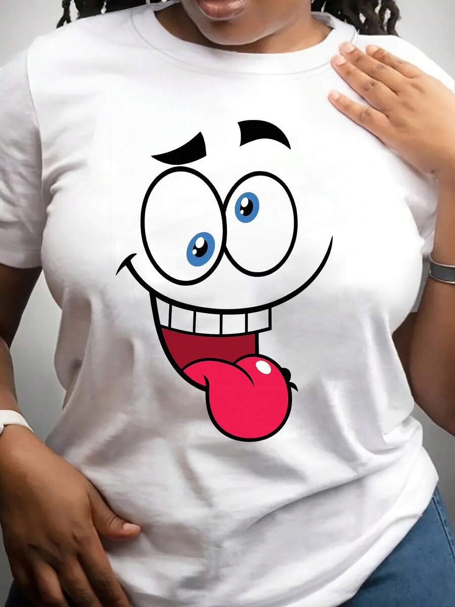 Women's Funny Cartoon T-Shirt - Casual Black Short Sleeve T-Shirt With Vibrant Red Lips And Blue Eyes, Soft Stretch Fabric, Crew Neck, Perfect For Spring/Summer/Autumn, Casual Wear | Playful Design | Soft Fabric Shirt - 白色 - 查看 1