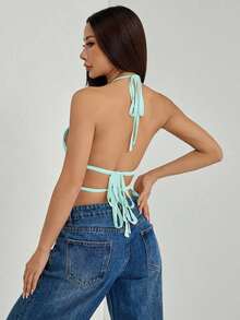 Top sin espalda con cuello de halter con pliegues y cintura con lazo para mujer - Celeste - Ver 2