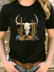 Short-Sleeve T-Shirt With Western Denim Print, Non-Denim Fabric, Classic And Versatile Casual Fashion For Women, Exclusive To Saudi Arabia, Spring-Summer - 黑色 - 查看 1