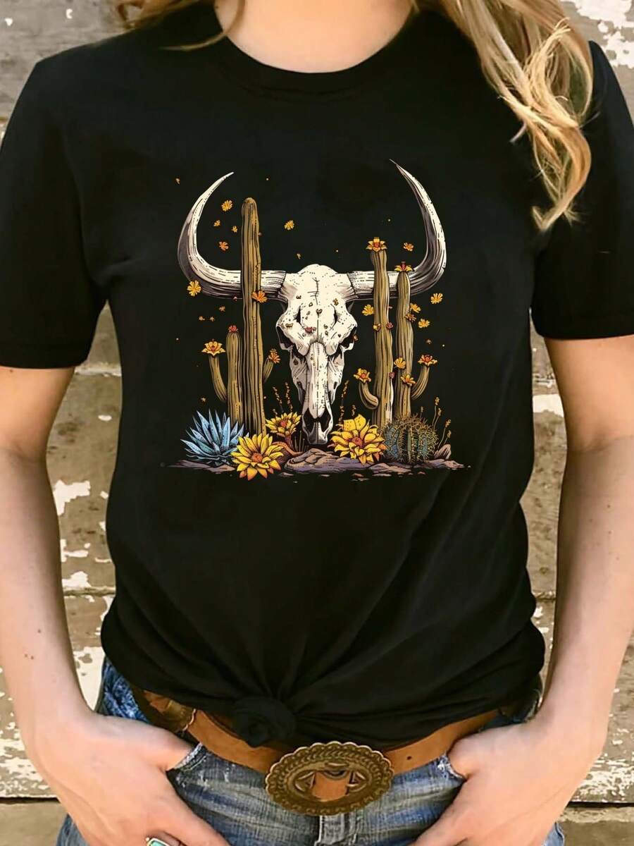 Short-Sleeve T-Shirt With Western Denim Print, Non-Denim Fabric, Classic And Versatile Casual Fashion For Women, Exclusive To Saudi Arabia, Spring-Summer - 黑色 - 查看 1