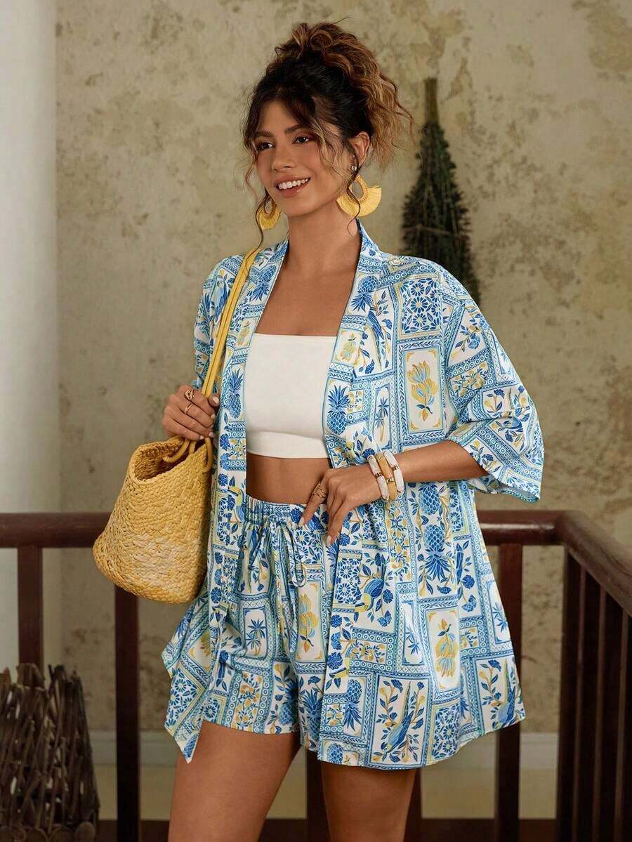 2 piezas Conjunto de talla grande Chaqueta de manga corta con estampado de leopardo, casual y de moda para uso diario - Multicolor 6 - Ver 1