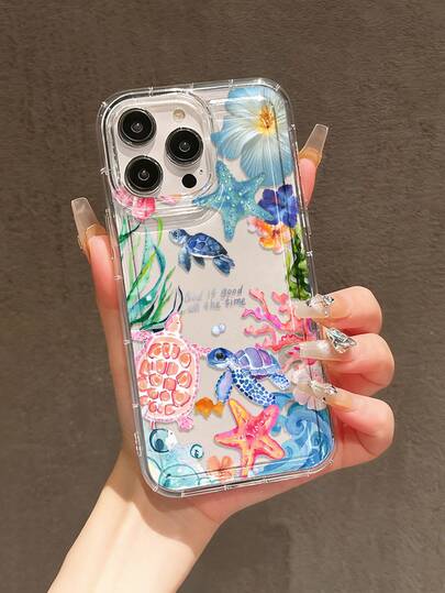 1 carcasă de telefon transparentă anti-cădere cu design airbag, temă acuarelă oceanică, husă de protecție completă cu margini moi, imprimeu drăguț cu broaște țestoase marine, stele de mare, corali, protecție pentru lentile, vibrații proaspete de vară, compatibilă cu 14/13/12/11 Pro Max, 15/15 Plus/15 Pro/15 Pro Max/17/17 Pro/17 Pro Max/AIR