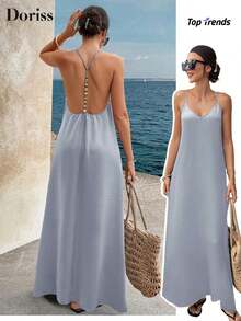 Vestido largo elegante de mujer con tirantes finos, espalda descubierta y lentejuelas, adecuado para fiestas, bodas, playa y vacaciones, color negro, para verano - Azul - Ver 1
