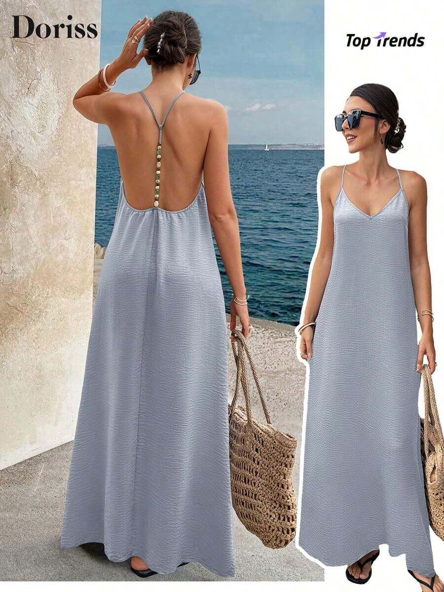 Vestido largo elegante de mujer con tirantes finos, espalda descubierta y lentejuelas, adecuado para fiestas, bodas, playa y vacaciones, color negro, para verano - Azul - Ver 1