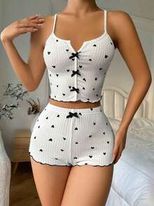 pijama / Pijama con estampado de corazón, ribete contrastante y lazo delantero - Blanco 2 - Ver 3