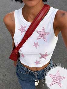 Top de tirantes con lentejuelas y aplicaciones de lentejuelas, estilo de ropa urbana, camisa corta de moda - Blanco 7 - Ver 1