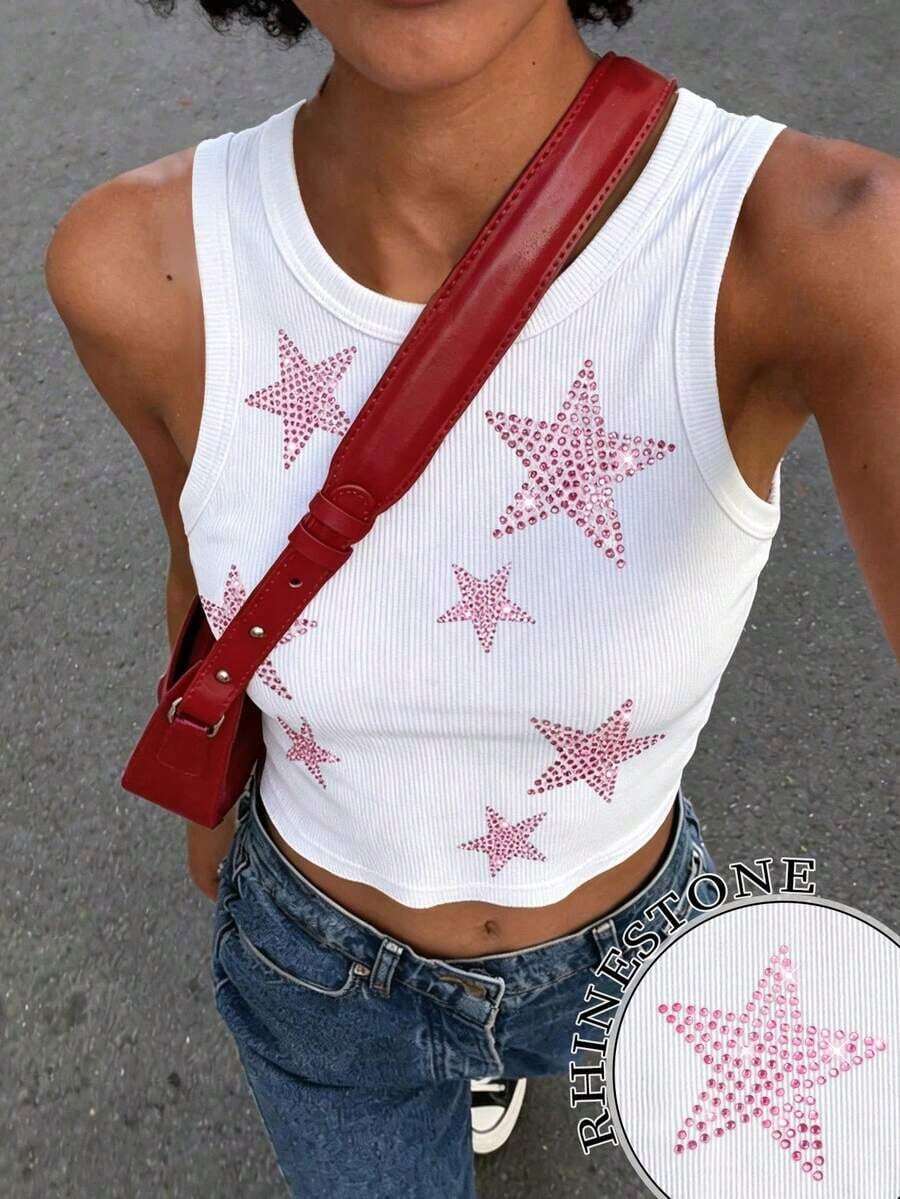 Top de tirantes con lentejuelas y aplicaciones de lentejuelas, estilo de ropa urbana, camisa corta de moda - Blanco 7 - Ver 1