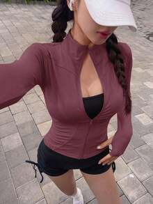 Chaqueta de manga larga de cuello alto elástico de unicolor entallada, ropa deportiva y casual, primavera/otoño - Rosa Fucsia - Ver 6