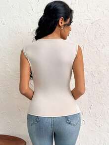 Camiseta de corte ajustado con mangas de obispo de unicolor elegante y simple para uso diario, vacaciones, fiestas y exteriores para mujeres - Albaricoque - Ver 2