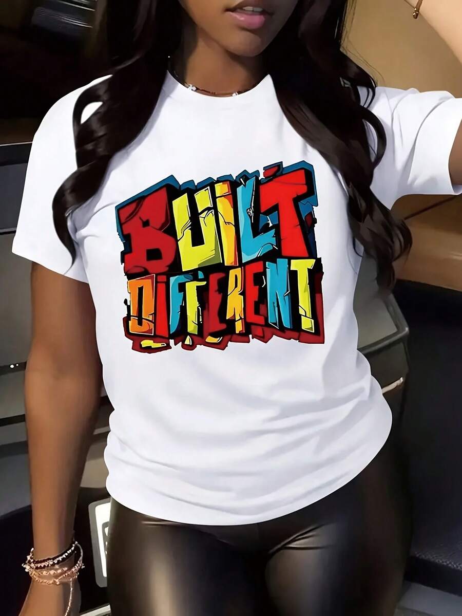 1 Women's Loose Fit Black T-Shirt, Printed With The Slogan "Unique" - Semi-Sheer H-Cut, Casual Short Sleeve Style For Everyday Wear, Machine Washable And Breathable Fabric, Suitable For Layering And Casual Wear - Unique Letter Print, 180g 100% Cotton. - 白色 - 查看 1