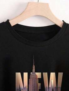 VintageCamiseta  Talla Grande  De Manga Corta Con Cuello Redondo Y Estampado De  Edificio Y Letra Inglesa Estampado De   MujerGraphic Tee - Negro - Ver 7