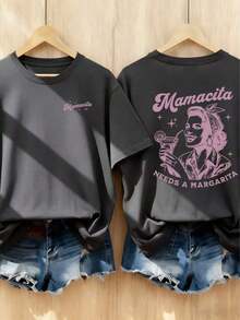 Camiseta de mujer de manga corta con cuello redondo y estampado de letras, casual, versátil, esencial para vacaciones y uso diario, fácil de lucir el estilo callejero rosa de verano - Gris Oscuro - Ver 5