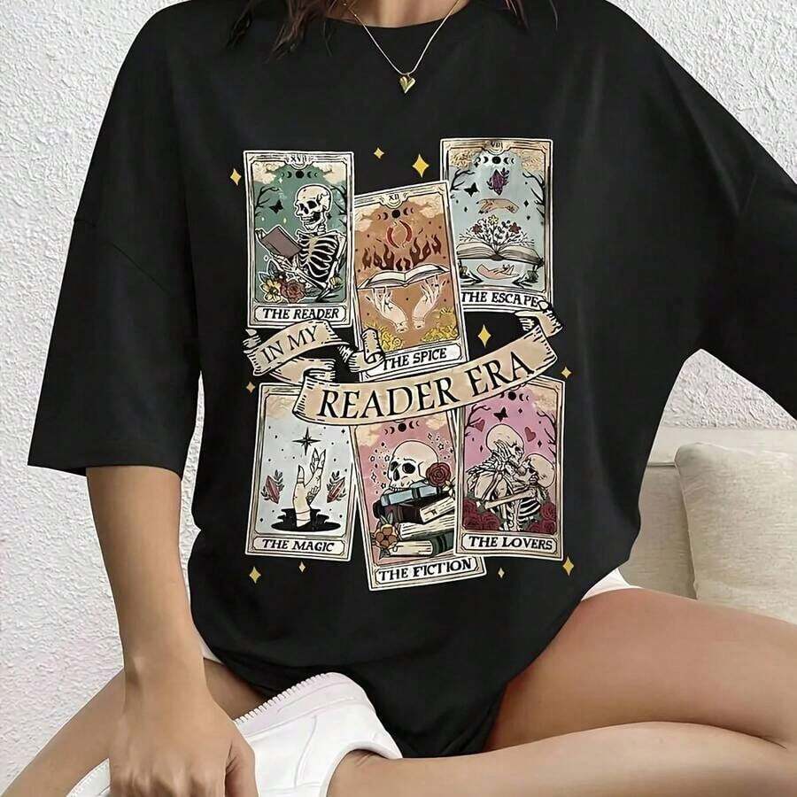 100% cotton Camiseta gótica para mujer con estampado de esqueleto de tarot - Camiseta casual negra de mezcla elástica y spandex con símbolos misteriosos, lavable a máquina, cuello redondo. - Negro - Ver 1