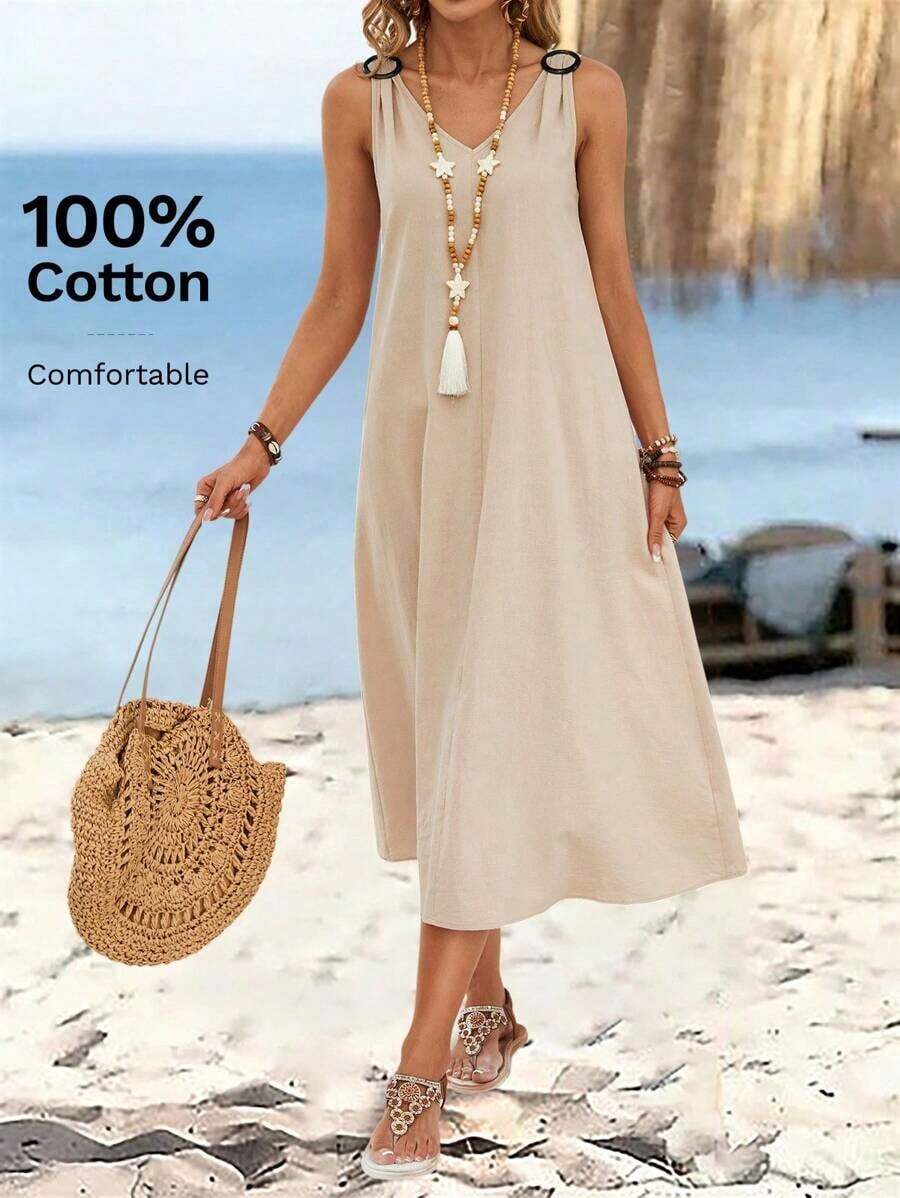 Vestido largo de verano de mujer con cuello en V sin mangas y hebilla circular de unicolor, vestido casual de verano, vestido de playa casual, vestidos de verano para mujer, atuendos de verano para mujer, vestidos casuales para mujer, vestidos de - Caqui - Ver 1