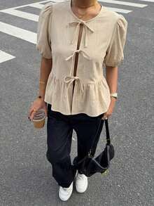 Camisa de mujer de cuello redondo y manga corta, camisa con estampado de cebra con lazo y manga abullonada, blusa de mujer de verano con volantes en el bajo y cuello en V, ajuste regular, manga abullonada, uso casual diario, blusa casual con estampado animal de primavera/verano, manga corta - Multicolor 2 - Ver 6