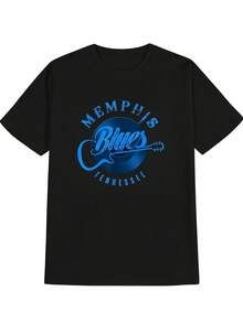 Camiseta Vintage de Música de Memphis, Tennessee, para Hombre - 100% Algodón, Corte Holgado, Cuello Redondo, Gráfico de Música Blues con Guitarra y Letras de Memphis, Estilo Retro Casual para Conciertos y Ropa Informal (Tallas S-XXXL) - Regalo Ideal para Músicos - Negro - Ver 6
