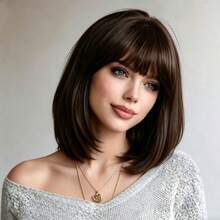 30cm/12 Inch Dark Brown Short Straight Wig With Bangs, Soft Smooth Voluminous Natural Look, Easy To Wear, Suitable For All Women For Party, Music Festival, Christmas - Multicolor - View 4
